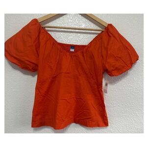 NWT Old Navy Womens Orange Puff Sleeve Smocked Back Square Neck Blouse Top Med